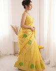 Yellow Premium Soft Linen Cotton with Lotus & Leafs Pattern Saree