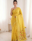 Yellow Soft Linen Cotton Paithani Saree with Meenakari Pichwai Lotus Pallu