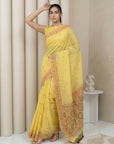 Yellow Soft Muga Cotton with Handblock Kalamakri Pattern Saree