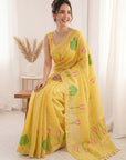 Yellow Premium Soft Linen Cotton with Lotus & Leafs Pattern Saree