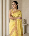 Yellow Soft Muga Cotton with Handblock Kalamakri Pattern Saree