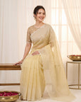 Yellow Crush Organza Silk Saree with Embroidery Stripe Pattern