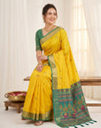 Yellow Traditional Soft Silk Saree with Floral & Peacock Pattern Saree