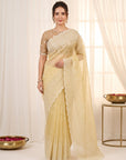 Yellow Crush Organza Silk Saree with Embroidery Stripe Pattern