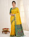 Yellow Traditional Soft Silk Saree with Floral & Peacock Pattern Saree