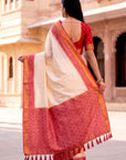 Cream Soft Ikkat Pochampally Patola Silk Zari Woven Saree