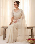 Cream Crush Organza Silk Saree with Embroidery Stripe Pattern
