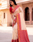 Cream Soft Ikkat Pochampally Patola Silk Zari Woven Saree