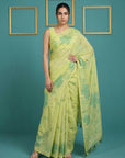 Woman wearing a light green saree with floral patterns against a teal background