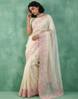 Cream Soft Chanda Silk with Floral Jaal Embroidery Work Designer Saree