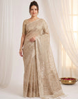 Chickoo Premium Banarasi Silk Saree with Floral Applique Work Saree