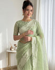 Pista Green Crush Organza Silk Saree with Turkish Work Saree