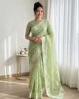 Pista Green Crush Organza Silk Saree with Turkish Work Saree