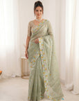 Pista Green Premium Tissue Banarasi Saree with Floral Embroidery Work Saree