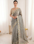 Grey Premium Tissue Banarasi Saree with Floral Embroidery Work Saree