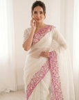 White Crush Organza Silk Saree with Turkish Work Saree