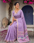 Lavender Premium Soft Muga Cotton Swan Pattern Saree