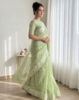 Pista Green Crush Organza Silk Saree with Turkish Work Saree