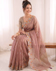 Pink Premium Tissue Banarasi Saree with Floral Embroidery Work Saree