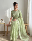 Pista Green Crush Organza Silk Saree with Turkish Work Saree