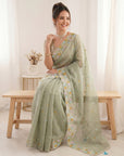 Pista Green Premium Tissue Banarasi Saree with Floral Embroidery Work Saree