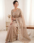 Chickoo Premium Tissue Banarasi Saree with Floral Embroidery Work Saree