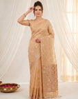 Peach Premium Banarasi Silk Saree with Floral Applique Work Saree