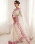 White Crush Organza Silk Saree with Turkish Work Saree