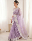Lavender Crush Organza Silk Saree with Turkish Work Saree