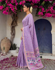 Lavender Premium Soft Muga Cotton Swan Pattern Saree