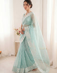 Sky Blue Crush Organza Silk Saree with Turkish Work Saree