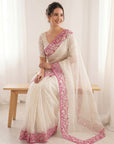 White Crush Organza Silk Saree with Turkish Work Saree