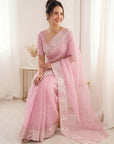 Pink Crush Organza Silk Saree with Turkish Work Saree