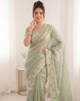 Pista Green Premium Tissue Banarasi Saree with Floral Embroidery Work Saree