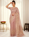 Coral Pink Premium Banarasi Silk Saree with Floral Applique Work Saree
