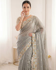 Grey Premium Tissue Banarasi Saree with Floral Embroidery Work Saree