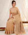 Peach Premium Banarasi Silk Saree with Floral Applique Work Saree