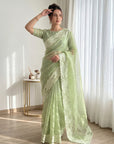 Pista Green Crush Organza Silk Saree with Turkish Work Saree