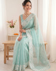 Sky Blue Crush Organza Silk Saree with Turkish Work Saree