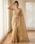 Gold Premium Tissue Banarasi Saree with Floral Embroidery Work Saree