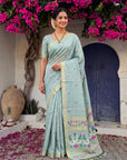 Sky Blue Premium Soft Muga Cotton Swan Pattern Saree
