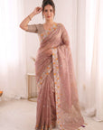 Pink Premium Tissue Banarasi Saree with Floral Embroidery Work Saree