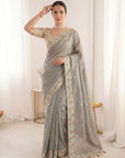 Grey Premium Tissue Banarasi Saree with Floral Embroidery Work Saree
