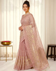 Coral Pink Premium Banarasi Silk Saree with Floral Applique Work Saree