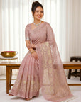Coral Pink Premium Banarasi Silk Saree with Floral Applique Work Saree