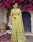 Pista Green Premium Soft Muga Cotton Swan Pattern Saree