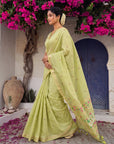 Pista Green Premium Soft Muga Cotton Swan Pattern Saree