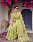 Pista Green Premium Soft Muga Cotton Swan Pattern Saree