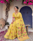 Yellow Soft Flora Cotton Resham Saree with Lotus Pattern Saree