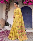Yellow Soft Flora Cotton Resham Saree with Lotus Pattern Saree